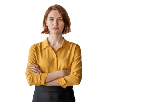 Professional headshot of a red-haired woman in a yellow blouse with arms crossed transparent background - Powered by Adobe