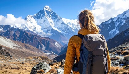 A hiker views a striking, snow-capped mountain range. The woman, with her back to the viewer, sports a backpack and bright jacket on a clear day