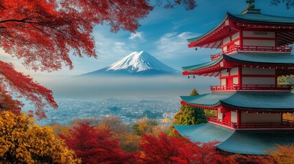Mount Fuji and pagoda with autumn leaves
