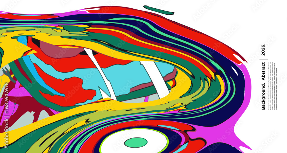 Poster abstract psychedelic brutalism wave blob striped motion curves composition morphing amoeba fluid sha