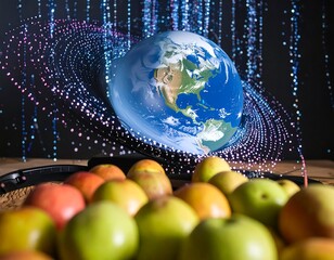 Earth globe surrounded by digital particles, above a pile of apples