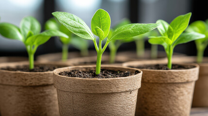 Fresh seedlings sprouting in biodegradable pots, showcasing vibrant green leaves and rich soil