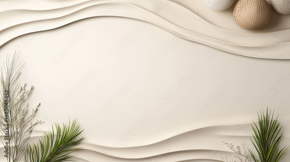 Poster minimal clean background with soft cream tone, featuring textured waves and greenery