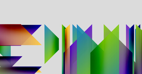 Abstract geometric shapes overlap, creating vibrant color bands. Composition features sharp angles, gradients, modern design elements.