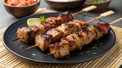 Fototapeta premium Grilled meat skewers on a dark plate 