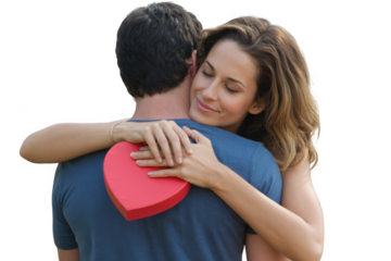 Loving couple embracing with heart-shaped gift expressing affection and romance transparent background