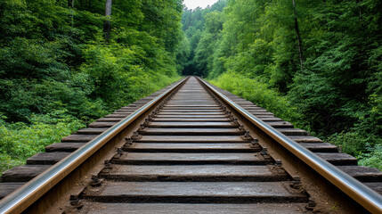 Fototapeta premium Old train tracks lead into dense green forest, creating serene and tranquil atmosphere