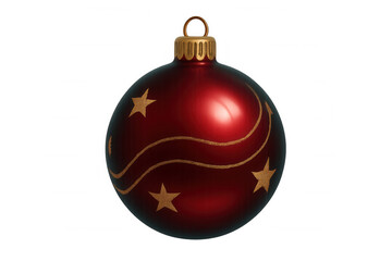 Red christmas ball ornament hanging, decorated with gold stars and swirls, isolated on transparent background, perfect for holiday projects