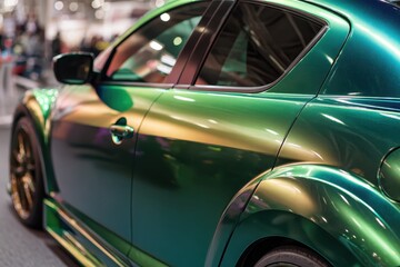 Green Vehicle Wrap. Chameleon Holographic Paint on Sports Car Door Closeup