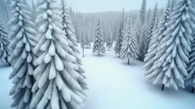 Unusual aerial view of a fabulous winter mountain landscape close-up. Smooth and maneuverable flight between snow-covered trees. Filmed on FPV drone.
