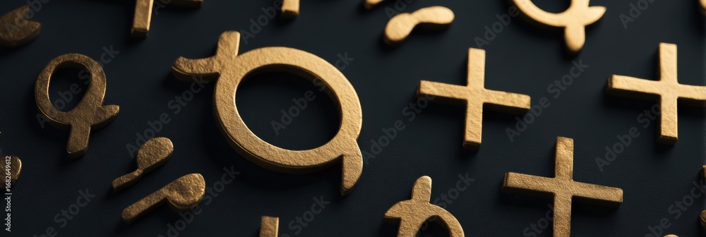 Poster various golden symbols are intricately arranged on a dark surface, showcasing artistic design with a