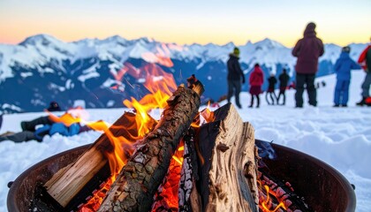 Burning wood in a fire pit glows warmly against a snowy landscape with silhouetted figures and distant, snow-covered mountain peaks under a colorful sunset sky