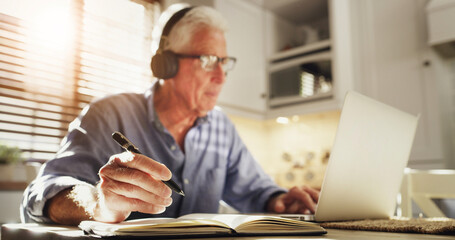 Research, senior and businessman with notebook at home, review or virtual advice for client investment. Remote, strategy and financial consultant with laptop for budget, planning and risk for asset