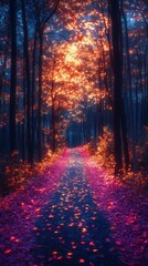 Fototapeta premium A mystical forest path at night, adorned with glowing pink leaves, leading into a vibrant forest with illuminated orange foliage, creating a captivating and otherworldly scene.