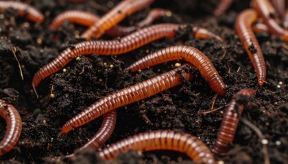 A cluster of reddish-brown earthworms crawls on dark, damp soil. Texture and ridges are visible, a close-up nature shot