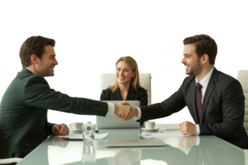 Professional business meeting two men shaking hands with woman observing laptop at table transparent background