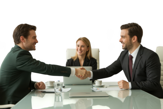 Professional business meeting two men shaking hands with woman observing laptop at table transparent background