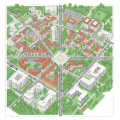 Obraz premium An intricate isometric illustration depicts a modern residential urban development with numerous buildings, green spaces, and a central roundabout, showcasing thoughtful city planning.