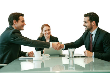 Business professionals shaking hands during a successful meeting with a female colleague observing the agreement. transparent background
