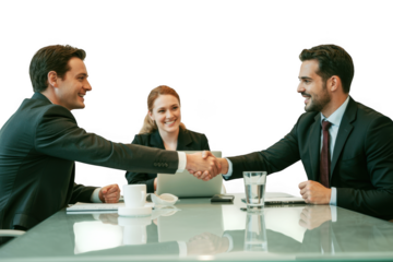 Business professionals shaking hands during a successful meeting with a female colleague observing the agreement. transparent background