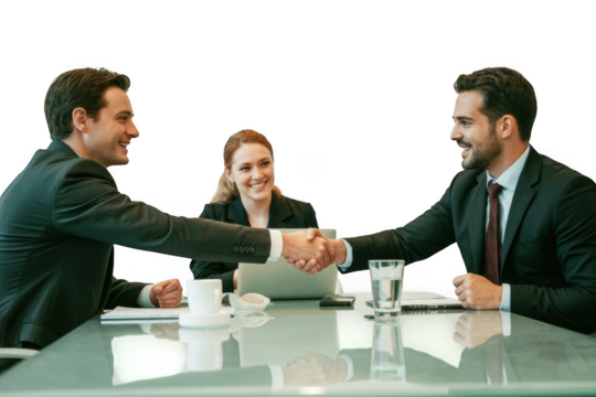 Business professionals shaking hands during a successful meeting with a female colleague observing the agreement. transparent background - Powered by Adobe