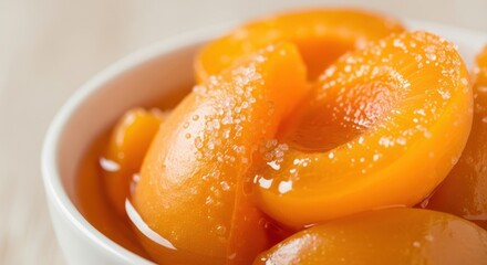 Delicious canned peaches in white bowl with sugar sprinkles