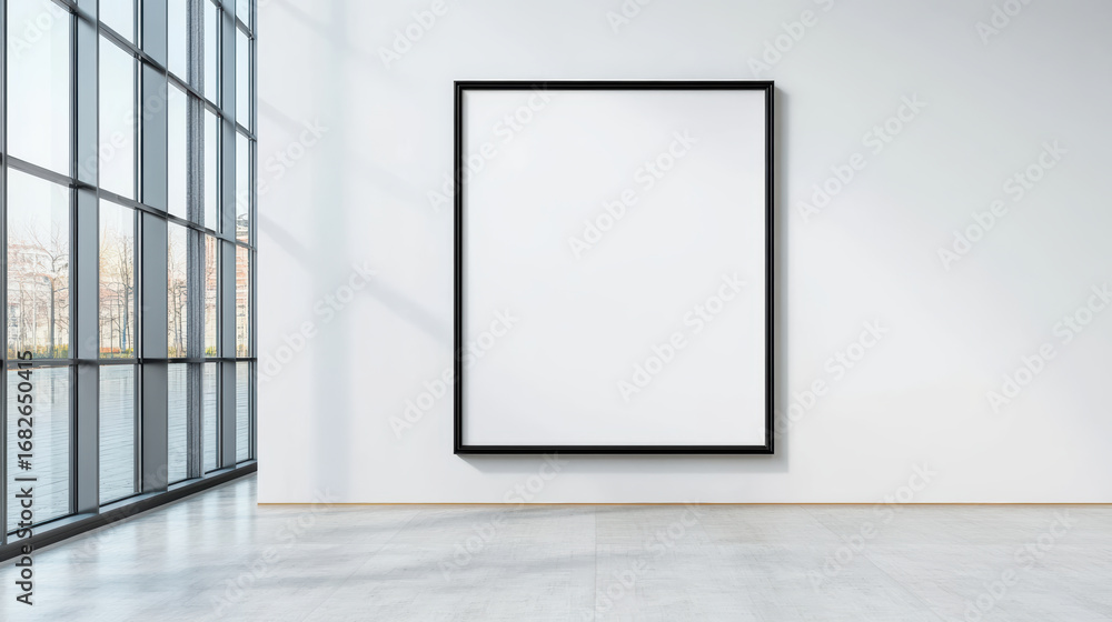 Poster empty black frame on white wall in modern gallery with large windows, creating serene atmosphere