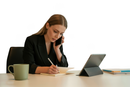 Young professional woman in office on phone writing notes with laptop and coffee mug transparent background