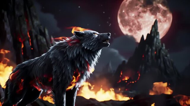 Mythical fire wolf howling at the blood moon in a dark volcanic landscape with burning lava