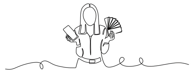 Continuous line art of a business woman wearing a business suit holding a lot of money and holding a smartphone. Concept of success and achievement. Vector illustration.