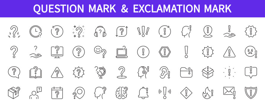 Question mark & exclamation mark icon collection. Ask, quiz, issue, matter, warning, attention, problem, error, trouble, notification, alert symbol. Vector illustration. Editable stroke