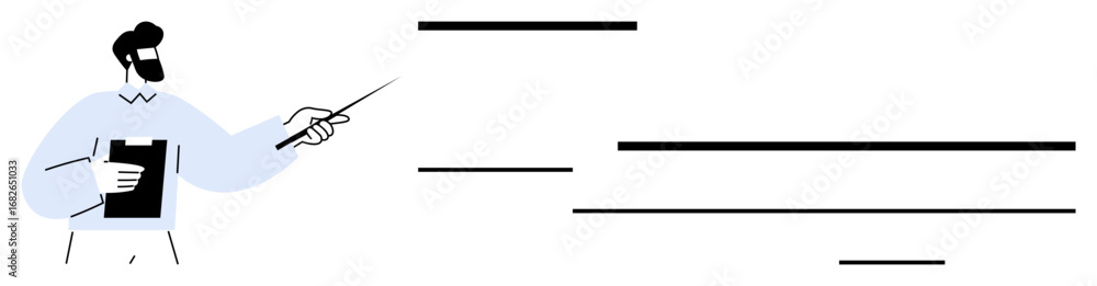 Aufkleber man holding a clipboard and pointing at abstract lines, representing information flow or teaching. i