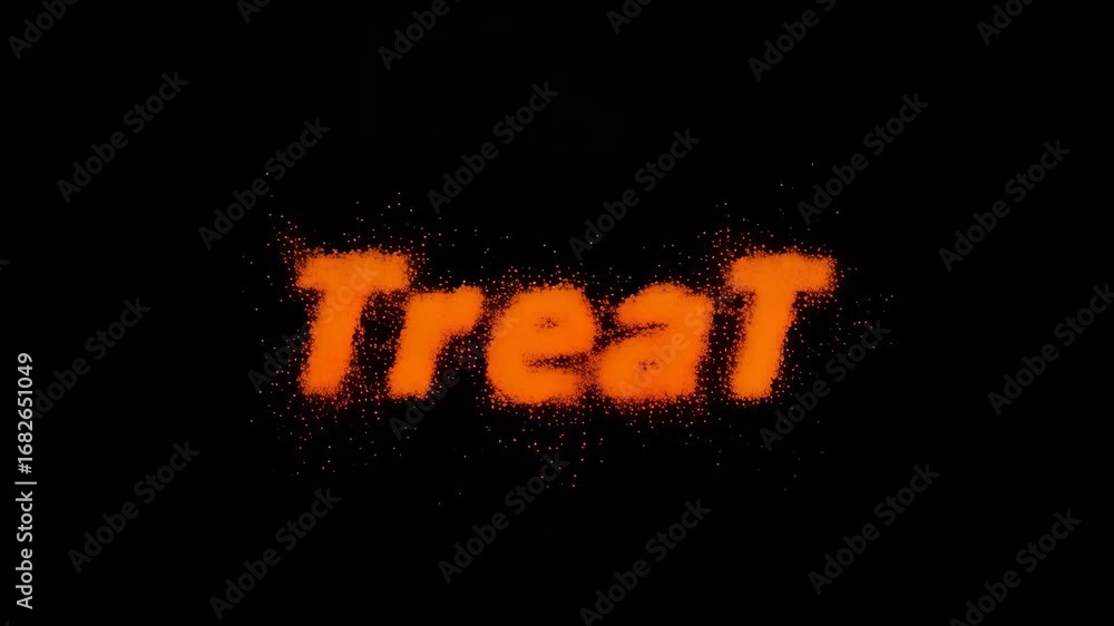 Poster an animated title ‘treat’ appearing with orange particles against a black background, creating a vib