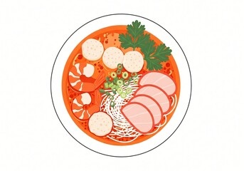 Delicious Spicy Tom Yum Soup with Shrimp Pork and Noodles Overhead View