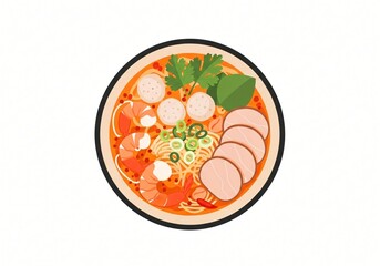 Delicious Spicy Tom Yum Soup with Shrimp Pork and Noodles Asian Cuisine Food Illustration