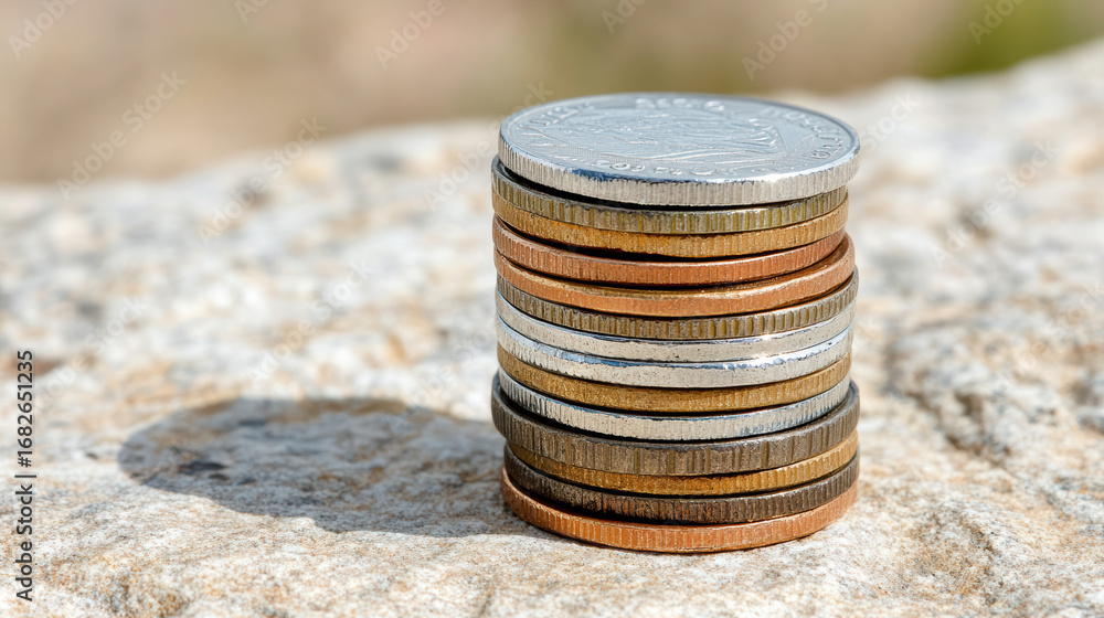 Poster stack of mixed coins casting long shadow stone surface, showcasing various colors and textures