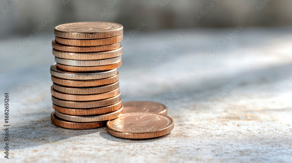 Poster stack of mixed coins casting long shadows on textured surface, creating warm atmosphere