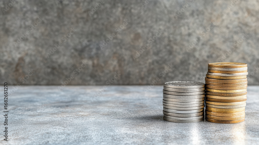 Poster stack of mixed coins on textured surface, casting subtle shadow, representing wealth and finance