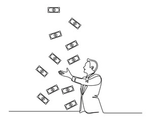 Continuous line art of a business man wearing a business suit with money scattered in front of him. Concept of success and achievement. Vector illustration.