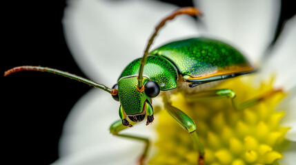 Naklejka premium Magnified view of a green June beetle against stark white, insect, macro photography