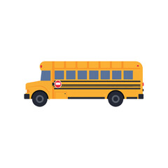 A cheerful yellow school bus is presented in a strict side view as a minimalist 2D flat vector illustration with clean lines and solid colors, isolated on a bright white background.