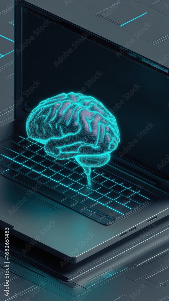 Poster a brain hologram is displayed above a laptop keyboard in a high-tech setting, emphasizing the connec