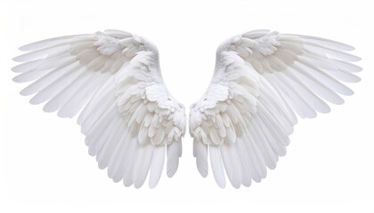 Naklejka premium Elegant white wings, intricately detailed feathers fanned out against a clean white background, creating a visual of lightness and ethereal beauty