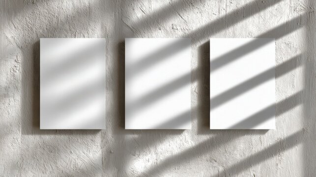 Three blank white paper sheets on a textured wall with striped light and shadow, business card design, business card template, business card mockup