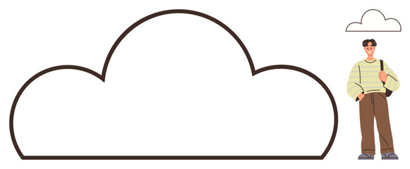 Person in casual attire standing beside large outlined cloud and small cloud above. Ideal for creativity, technology, storage, thinking, personalization, youth, digital concept. Simple flat metaphor