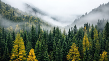 Lush forest landscape with autumn foliage and misty mountains creating serene atmosphere