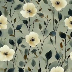 A seamless watercolor pattern featuring elegant off-white flowers with dark centers and subtle green and blue leaves on a muted sage green background