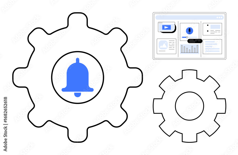 Poster gear with bell inside representing notifications alongside dashboard with data visualization. ideal 