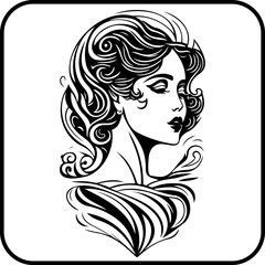 Elegant lady profile illustration featuring flowing hair and a decorative neckline showcasing