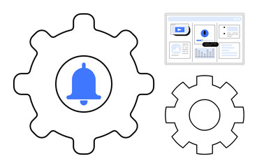 Gear with bell inside representing notifications alongside dashboard with data visualization. Ideal for technology, notifications, automation, settings, data management, alerts, system tools. Simple